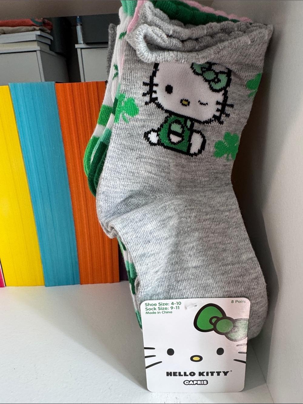 Hello Kitty Gray & Green Crew Socks - Novelty Clover Design